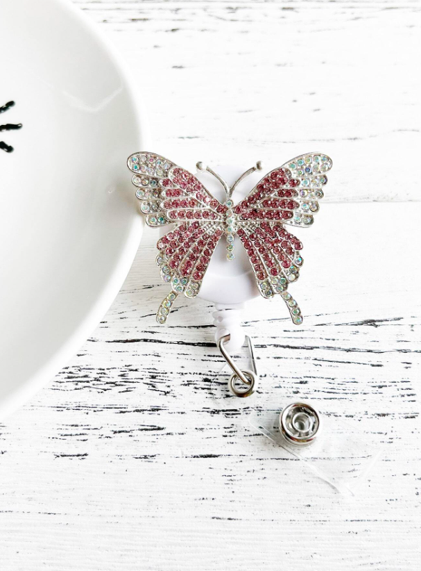 Rhinestone Butterfly Retractable I.D. Badge Holder