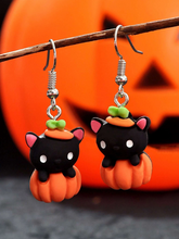 Load image into Gallery viewer, Black Cat And Pumpkin Drop Pair Of Earrings
