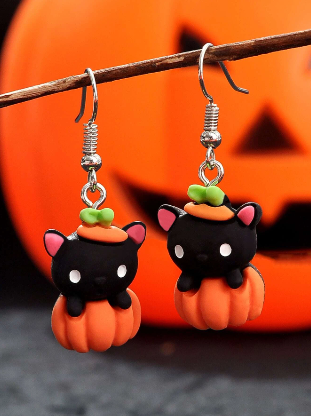 Black Cat And Pumpkin Drop Pair Of Earrings