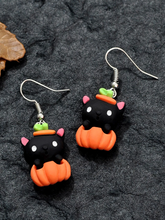 Load image into Gallery viewer, Black Cat And Pumpkin Drop Pair Of Earrings
